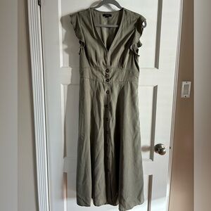 Quince Olive Green Midi Button-Front Dress with Ruffle Sleeves